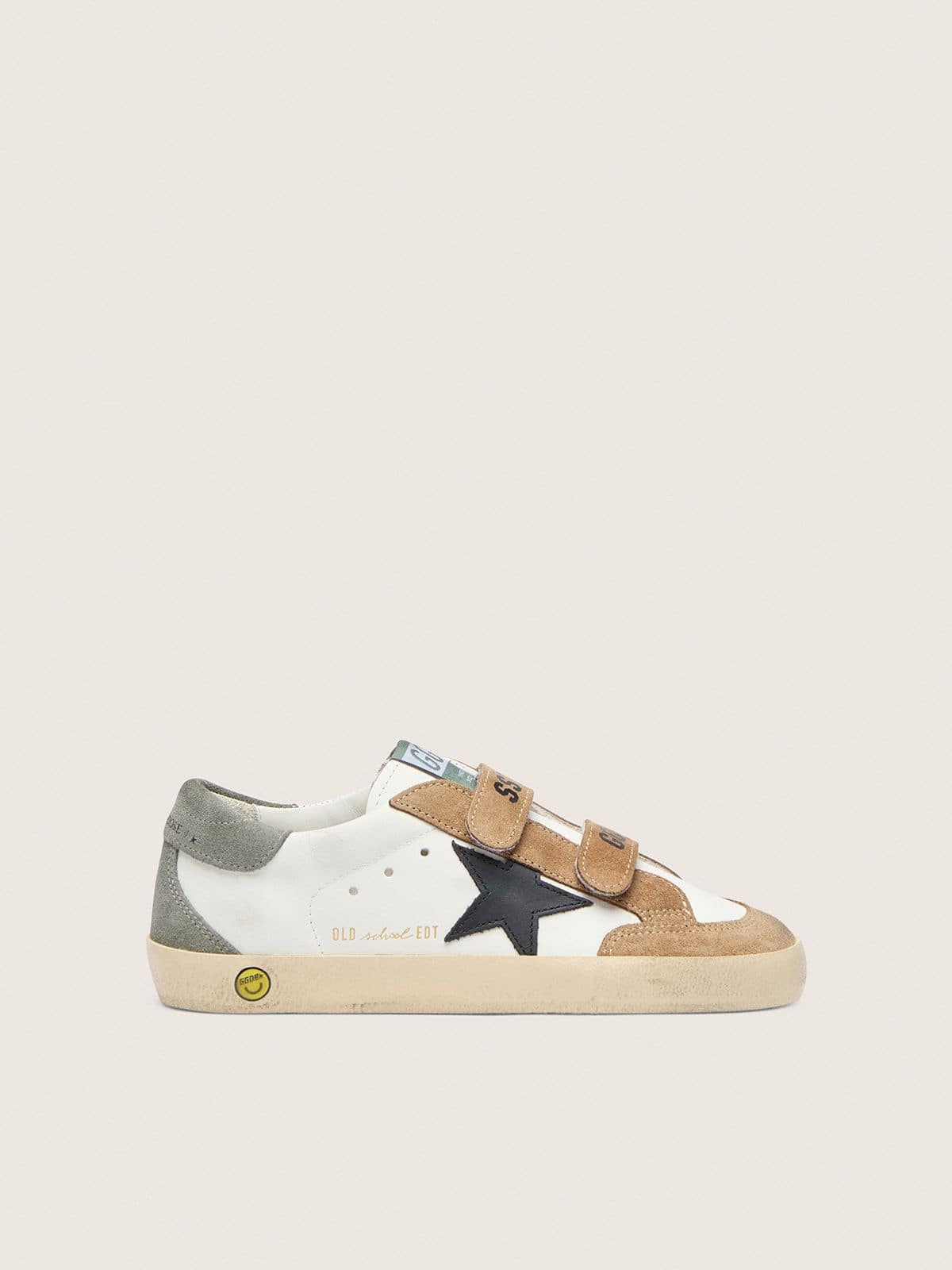 Golden Goose Young Old School with black leather star and beige and green suede inserts