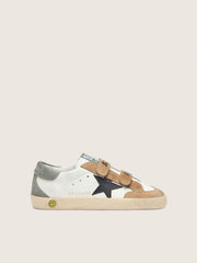 Golden Goose Young Old School with black leather star and beige and green suede inserts
