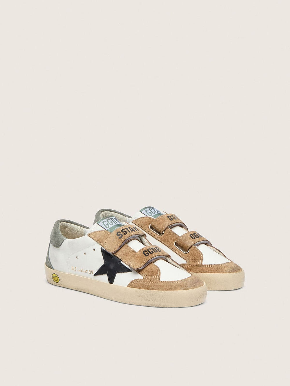 Golden Goose Young Old School with black leather star and beige and green suede inserts