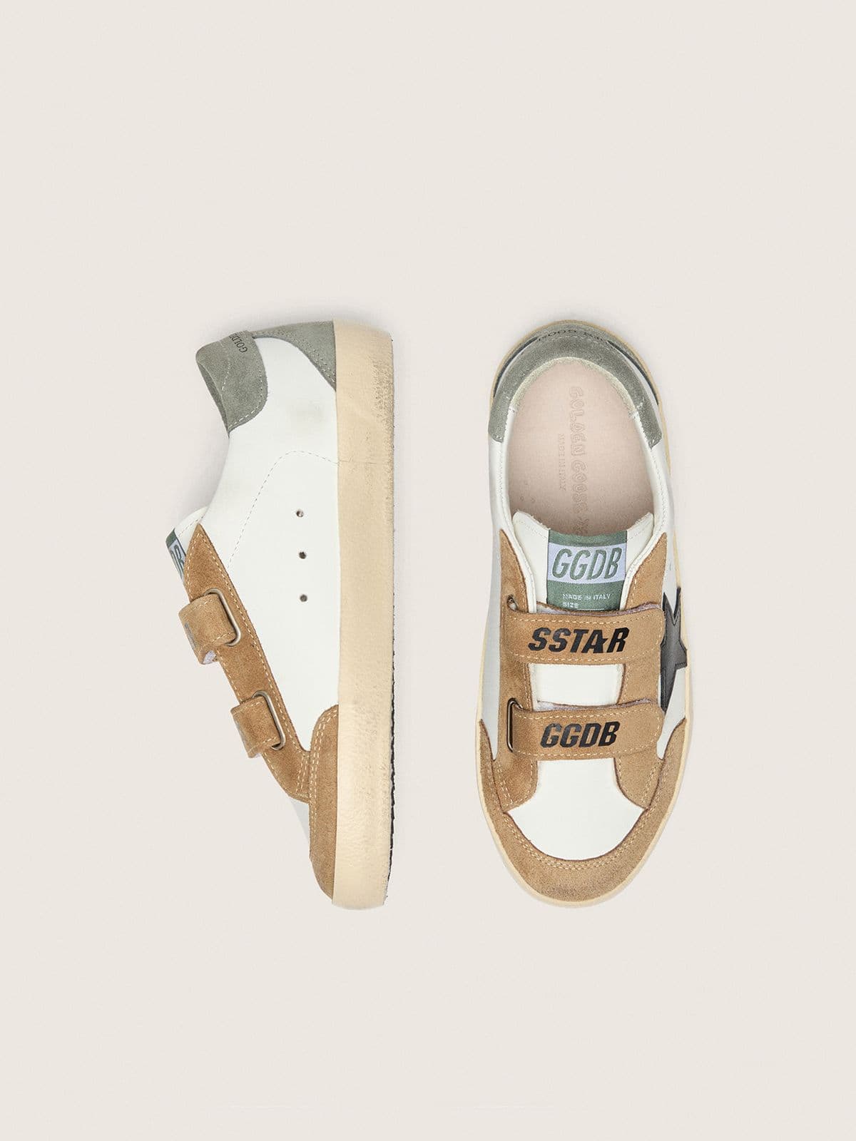 Golden Goose Young Old School with black leather star and beige and green suede inserts