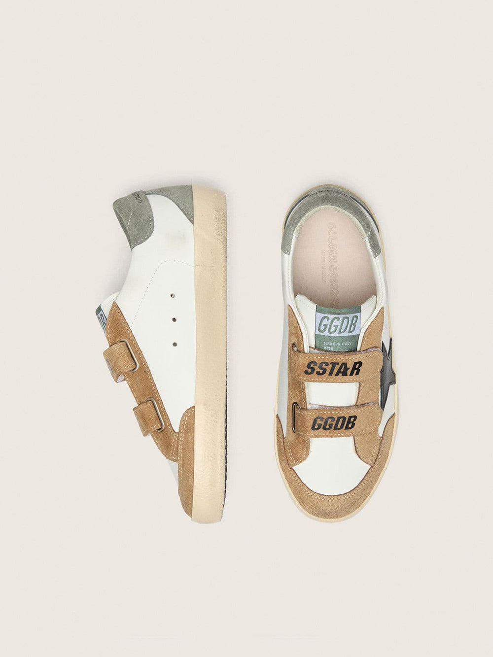 Golden Goose Young Old School with black leather star and beige and green suede inserts