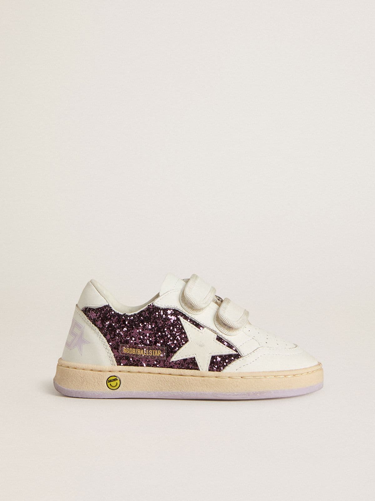 Golden Goose Teen Ball Star in purple glitter with white leather star and heel tab