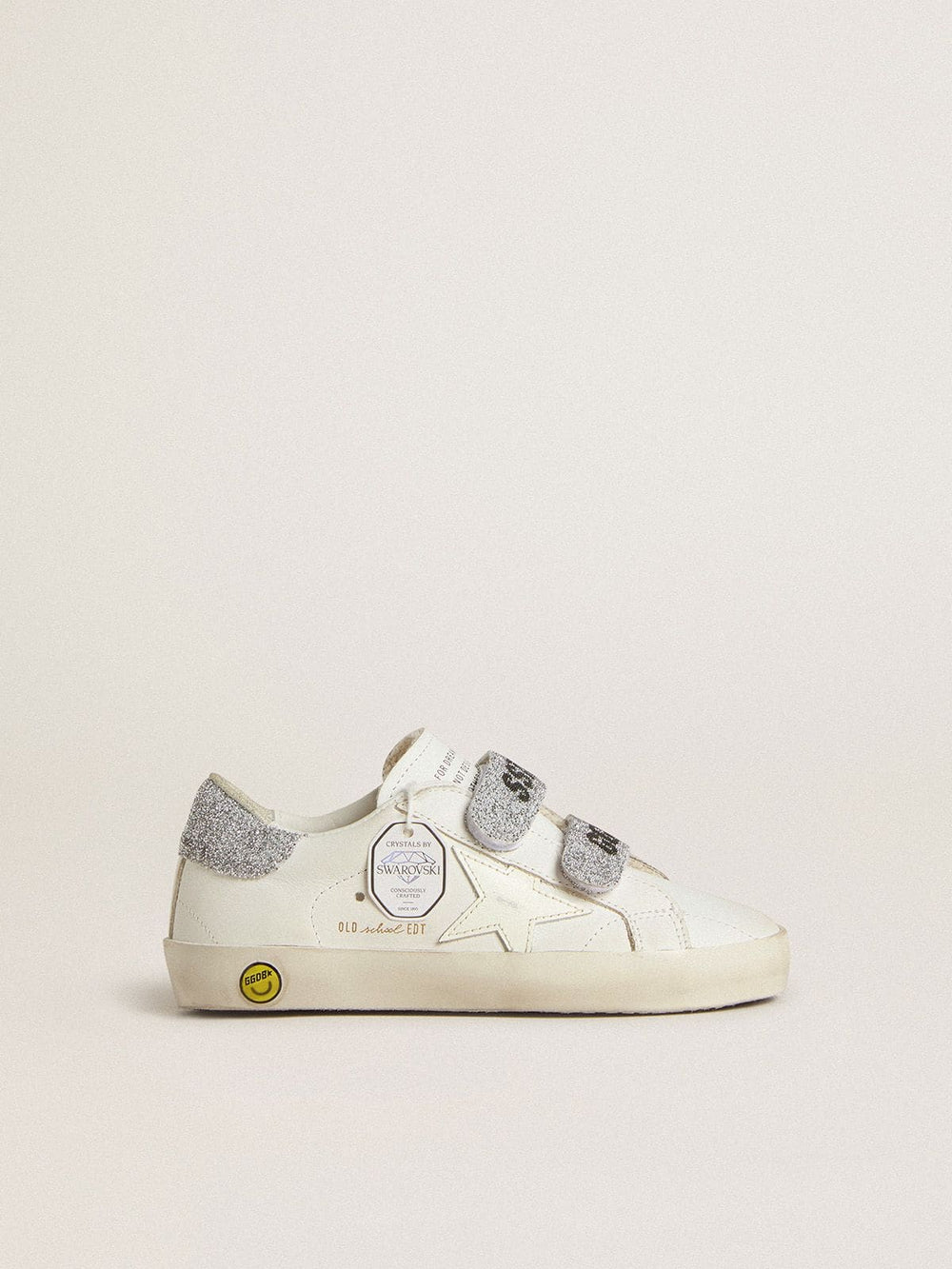 Golden Goose Young Old School in white leather with silver Swarovski crystal heel tab and straps
