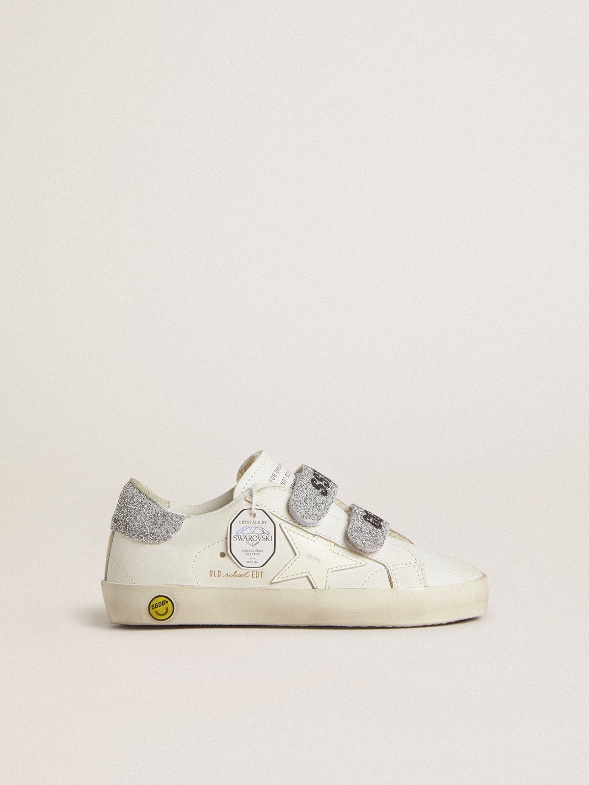Golden Goose Young Old School in white leather with silver Swarovski crystal heel tab and straps