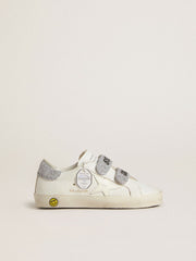 Golden Goose Young Old School in white leather with silver Swarovski crystal heel tab and straps