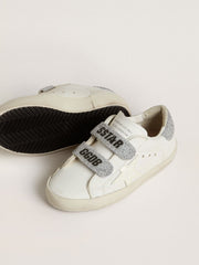 Golden Goose Young Old School in white leather with silver Swarovski crystal heel tab and straps