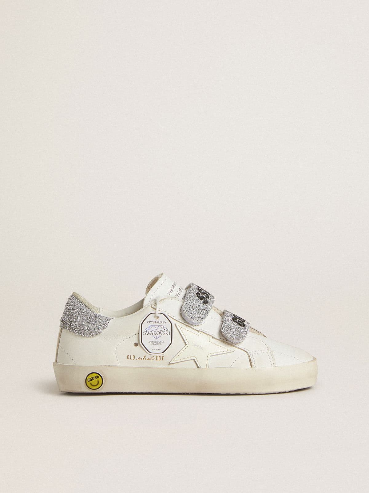 Golden Goose Teen Old School in white leather with silver Swarovski crystal heel tab and straps