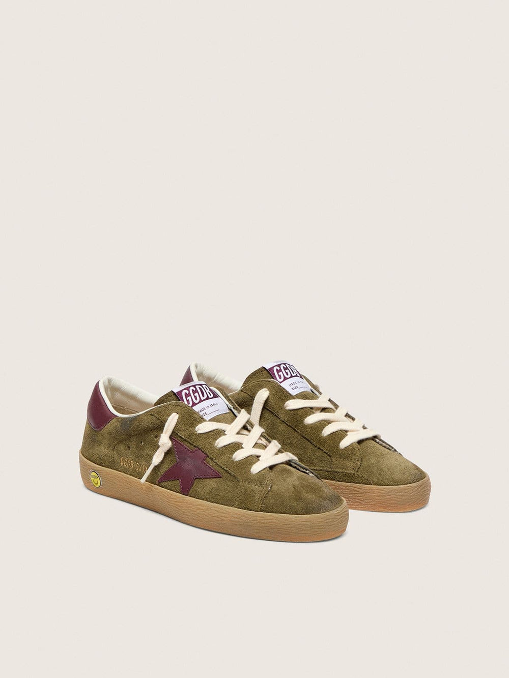 Golden Goose Young Super-Star in military-green suede with burgundy leather star and heel tab