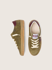 Golden Goose Young Super-Star in military-green suede with burgundy leather star and heel tab