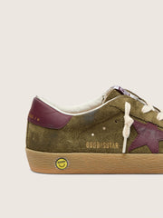 Golden Goose Young Super-Star in military-green suede with burgundy leather star and heel tab