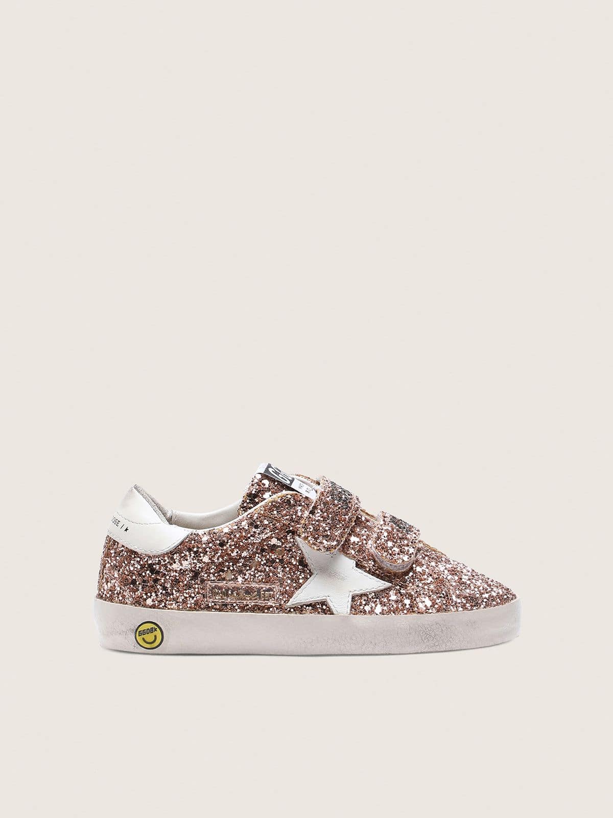 Golden Goose Young Old School in peach-colored glitter with white leather inserts