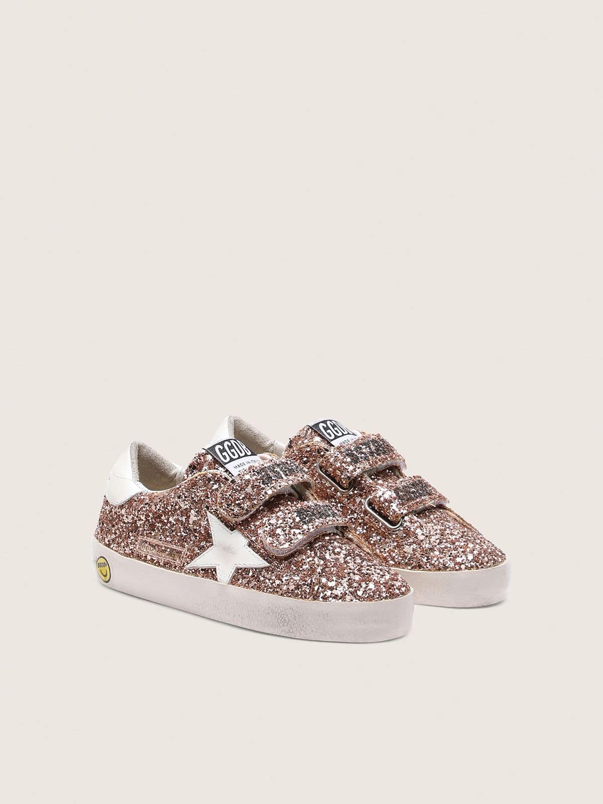 Golden Goose Young Old School in peach-colored glitter with white leather inserts