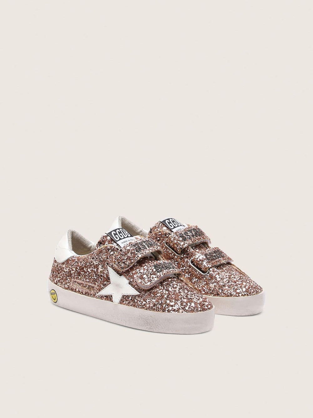 Golden Goose Young Old School in peach-colored glitter with white leather inserts