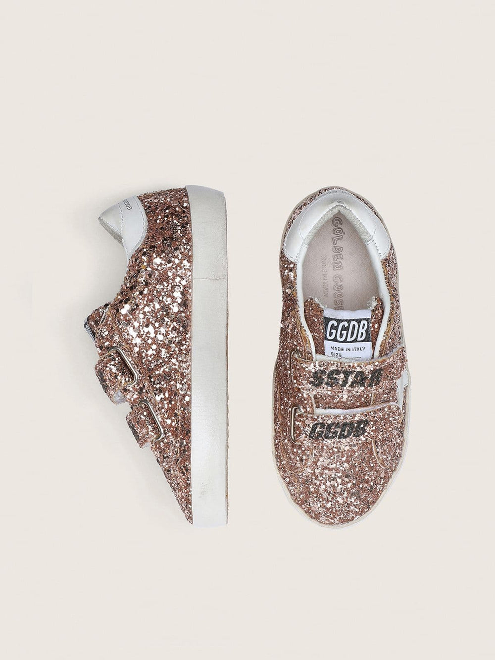 Golden Goose Young Old School in peach-colored glitter with white leather inserts