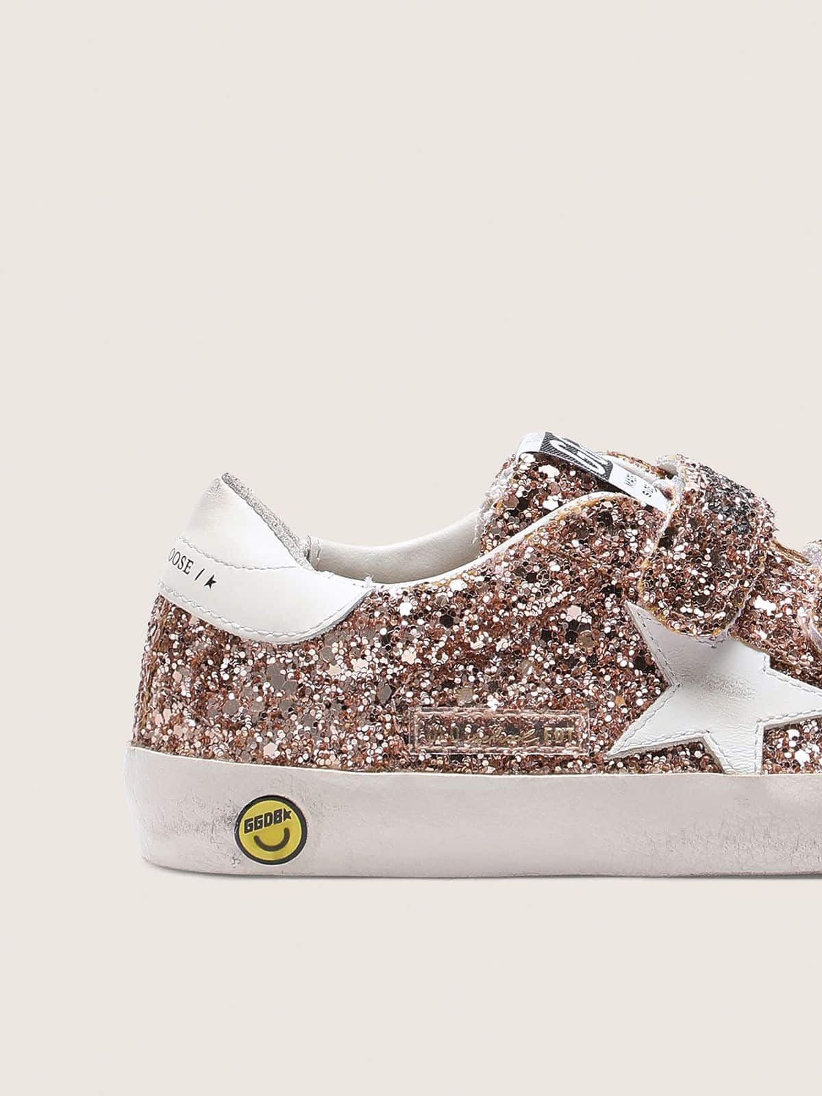 Golden Goose Young Old School in peach-colored glitter with white leather inserts