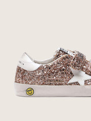 Golden Goose Young Old School in peach-colored glitter with white leather inserts