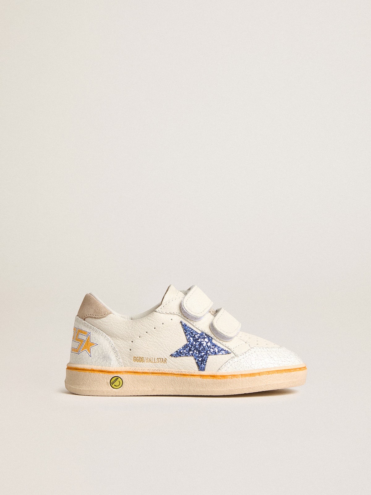 Golden Goose Young Ball Star with blue glitter star and beige suede heel tab