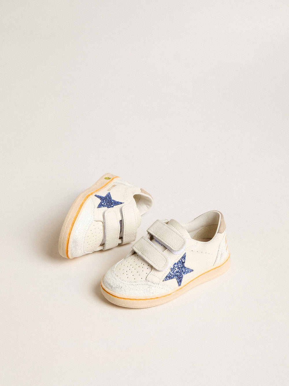 Golden Goose Young Ball Star with blue glitter star and beige suede heel tab