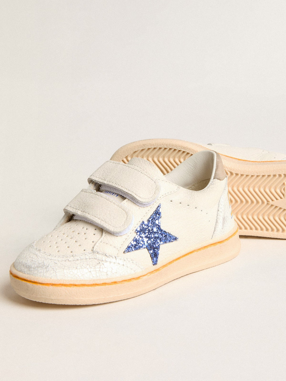 Golden Goose Young Ball Star with blue glitter star and beige suede heel tab