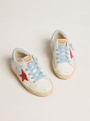 Golden Goose Super-Star Young in white leather with red star and light blue heel tab