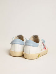 Golden Goose Super-Star Young in white leather with red star and light blue heel tab