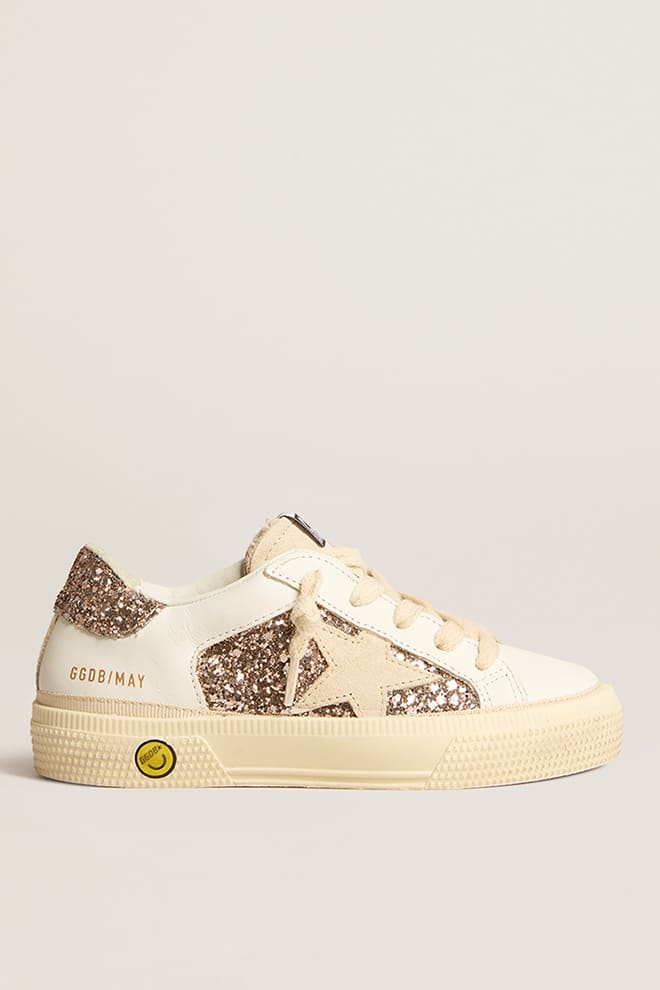 Golden Goose May Teen in white leather and rose gold glitter with beige suede star