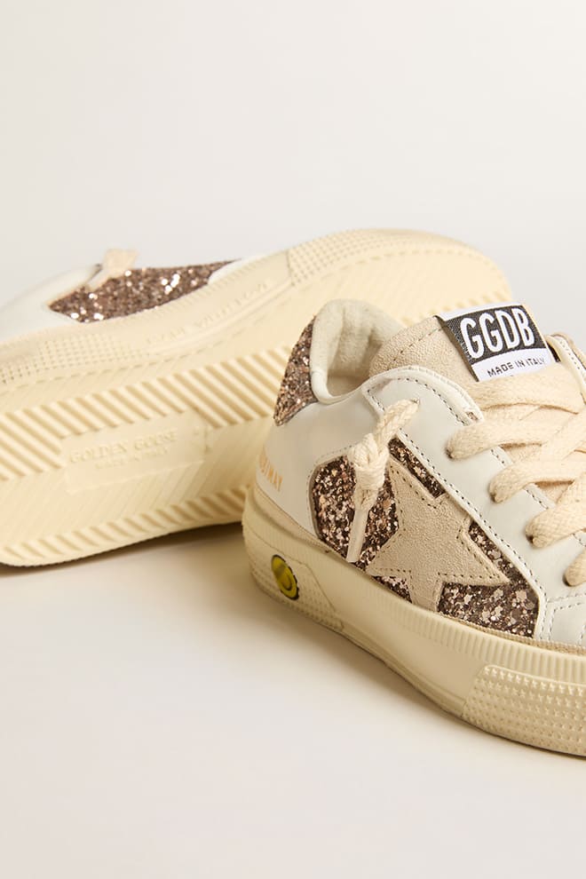 Golden Goose May Teen in white leather and rose gold glitter with beige suede star