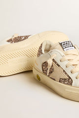 Golden Goose May Teen in white leather and rose gold glitter with beige suede star