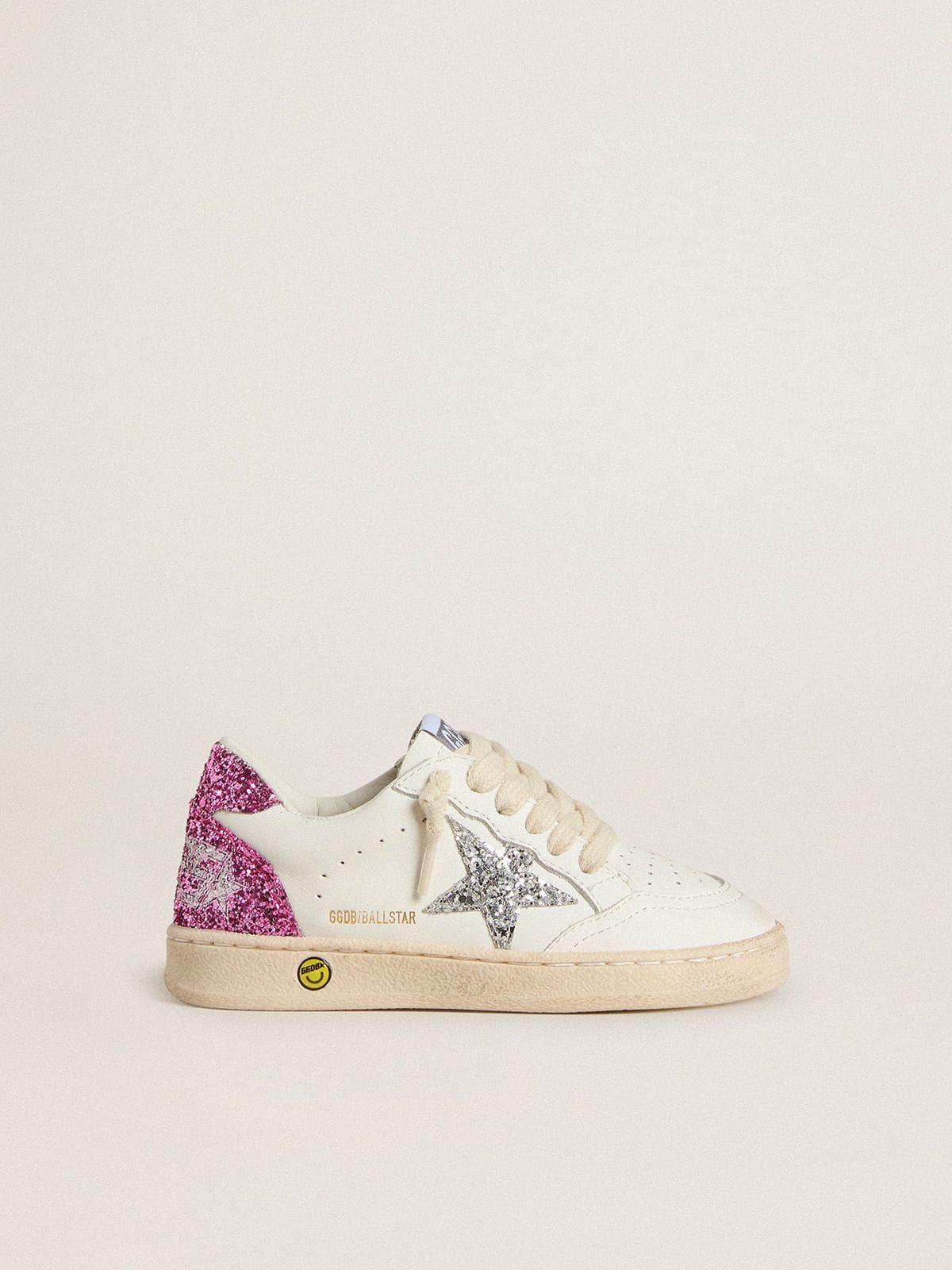 Golden Goose Young Ball Star with silver glitter star and pink glitter heel tab