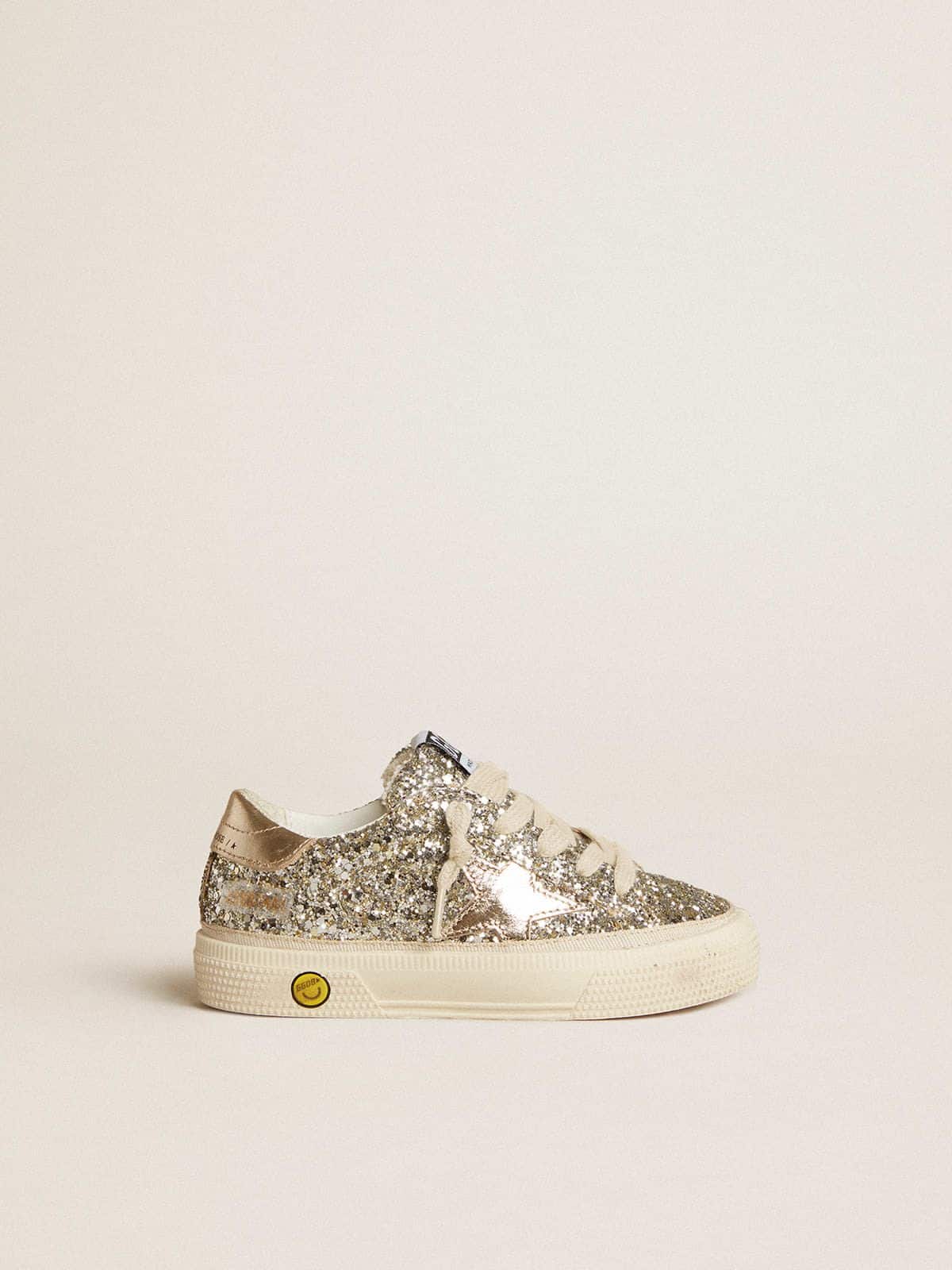Golden Goose May Teen in platinum glitter with gold leather star and heel tab
