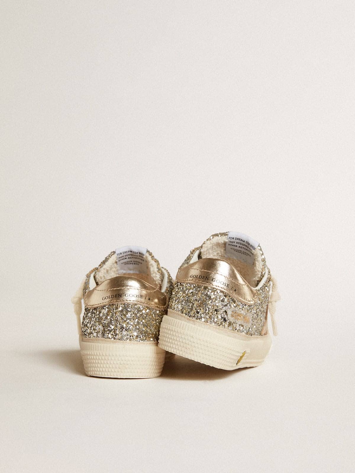 Golden Goose May Teen in platinum glitter with gold leather star and heel tab