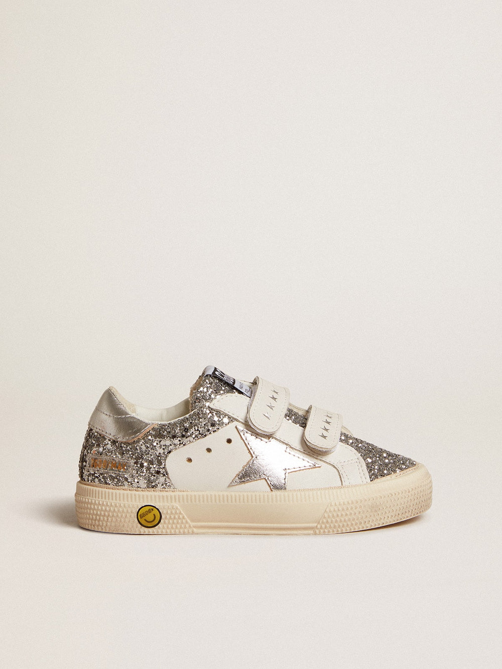 Golden Goose Bio-based May Teen in glitter with silver star and heel tab