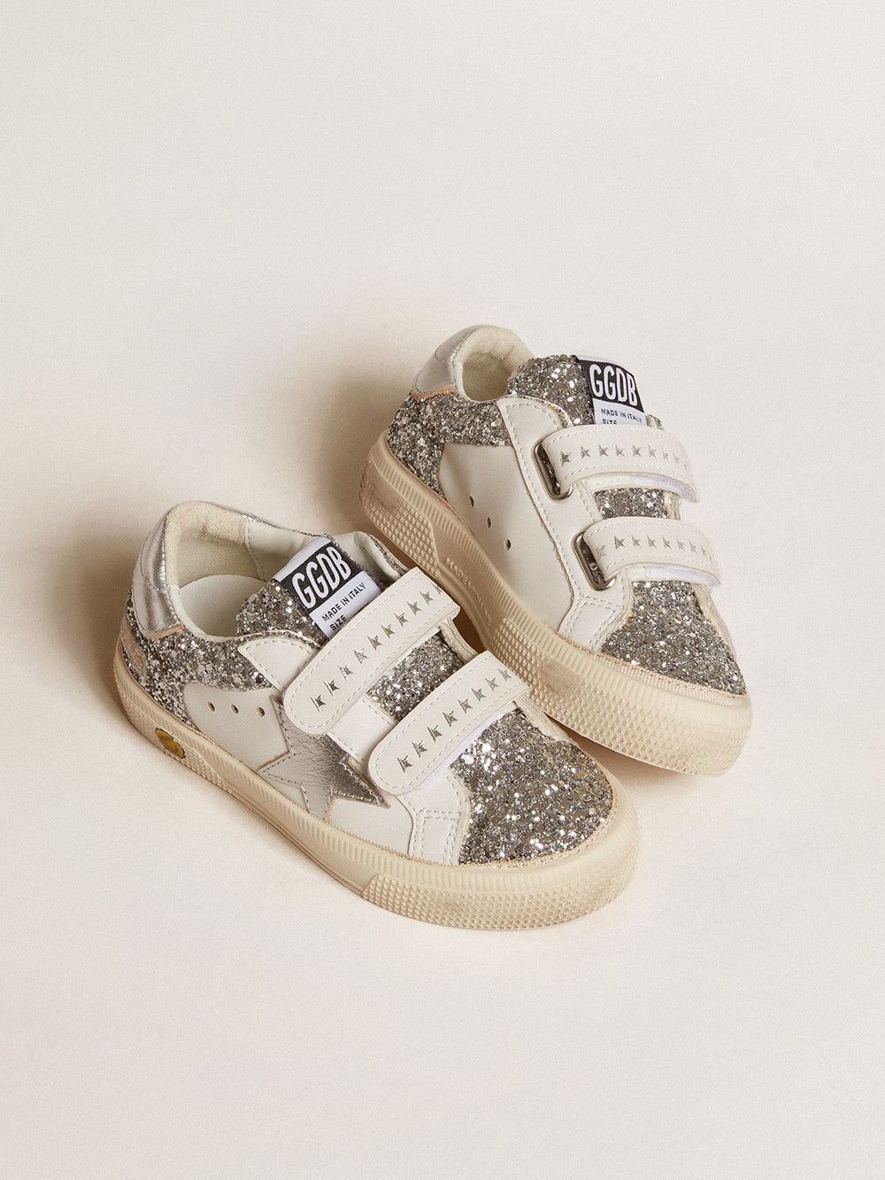 Golden Goose Bio-based May Teen in glitter with silver star and heel tab