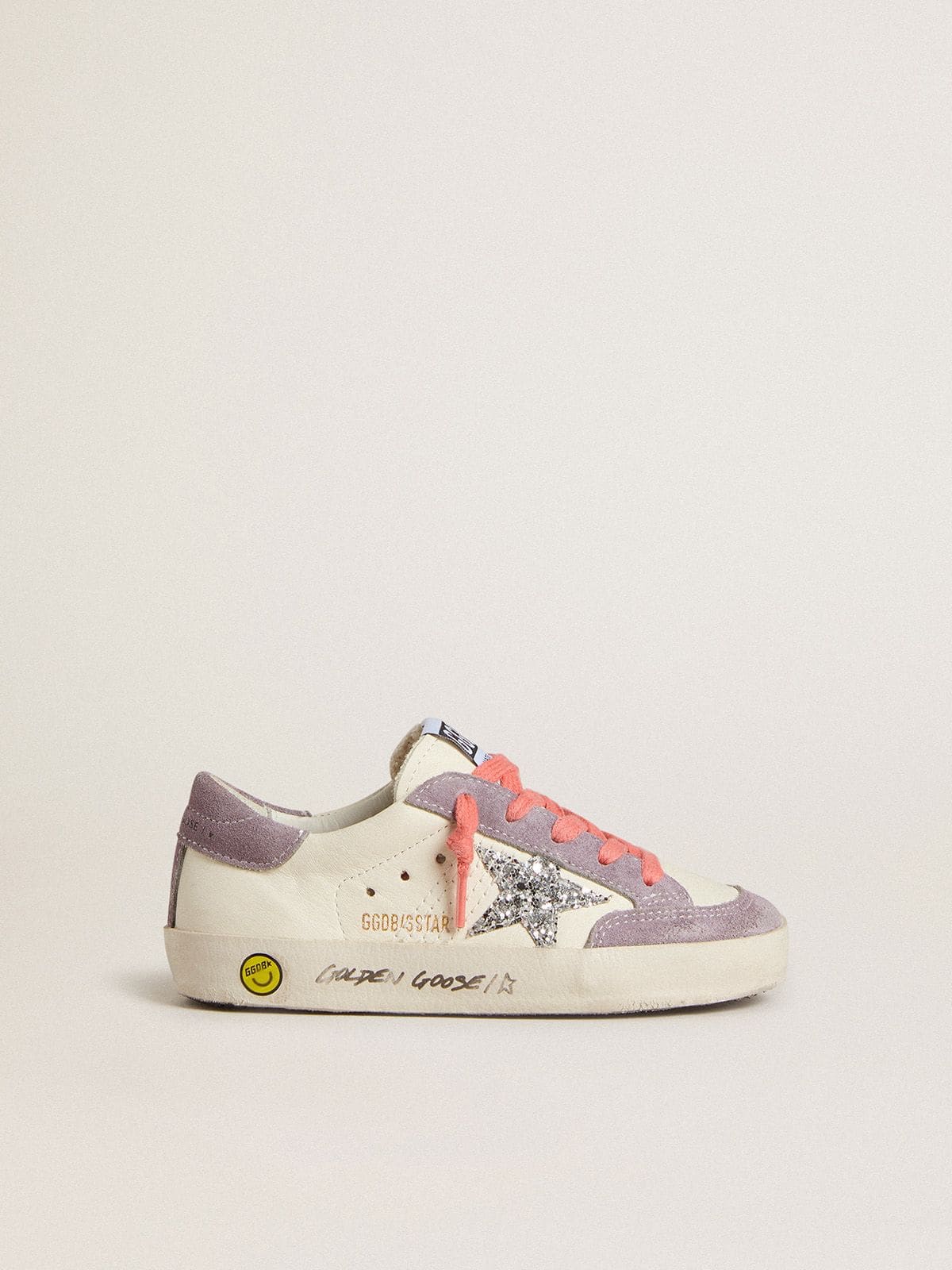 Golden Goose Young Super-Star with silver glitter star and lilac suede inserts