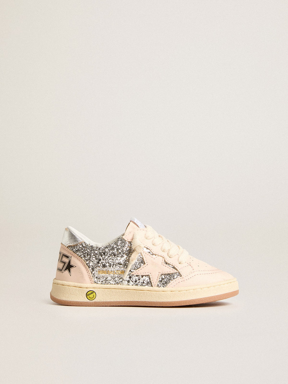 Golden Goose Young Ball Star in glitter with silver metallic leather heel tab