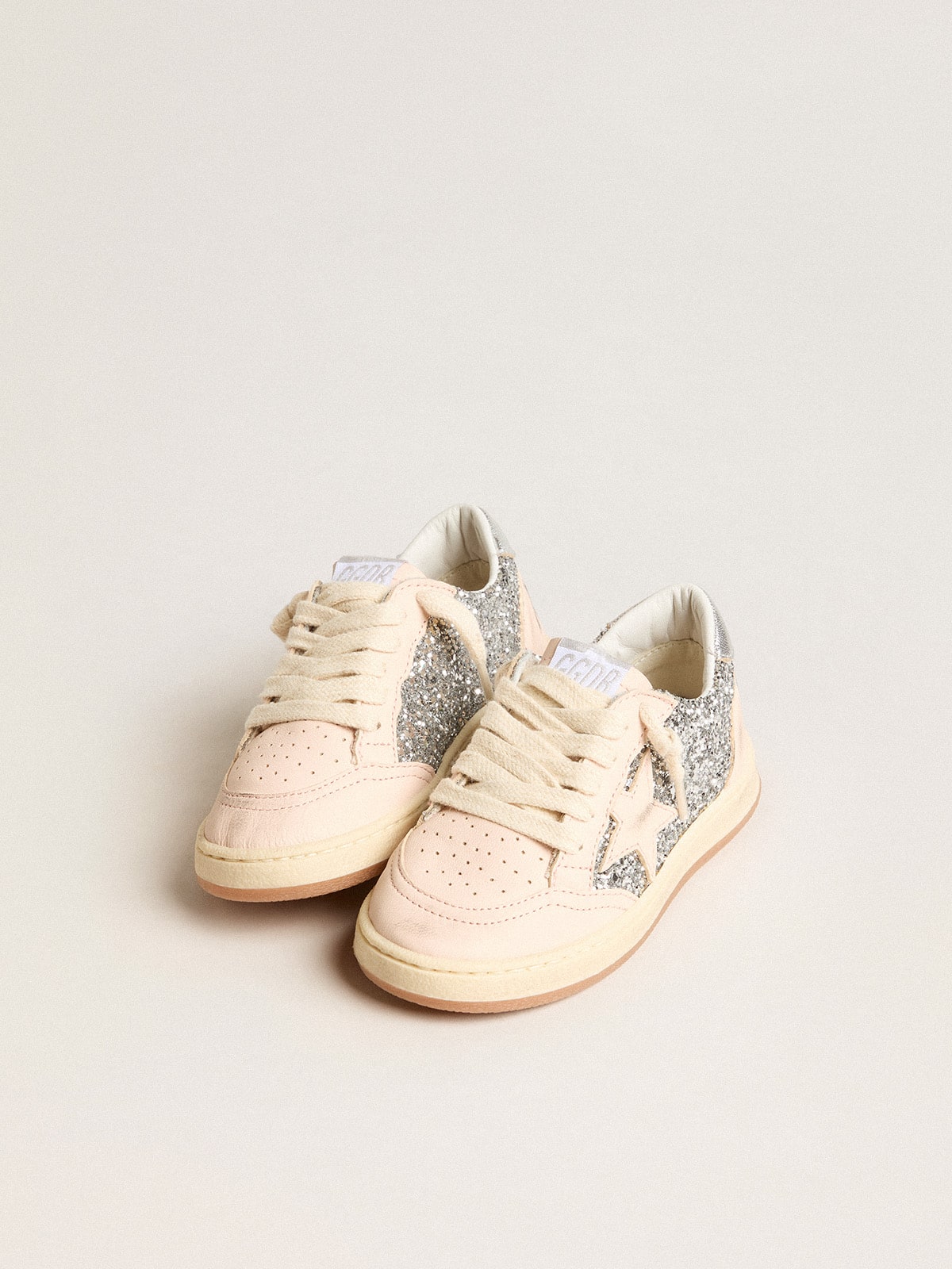 Golden Goose Young Ball Star in glitter with silver metallic leather heel tab
