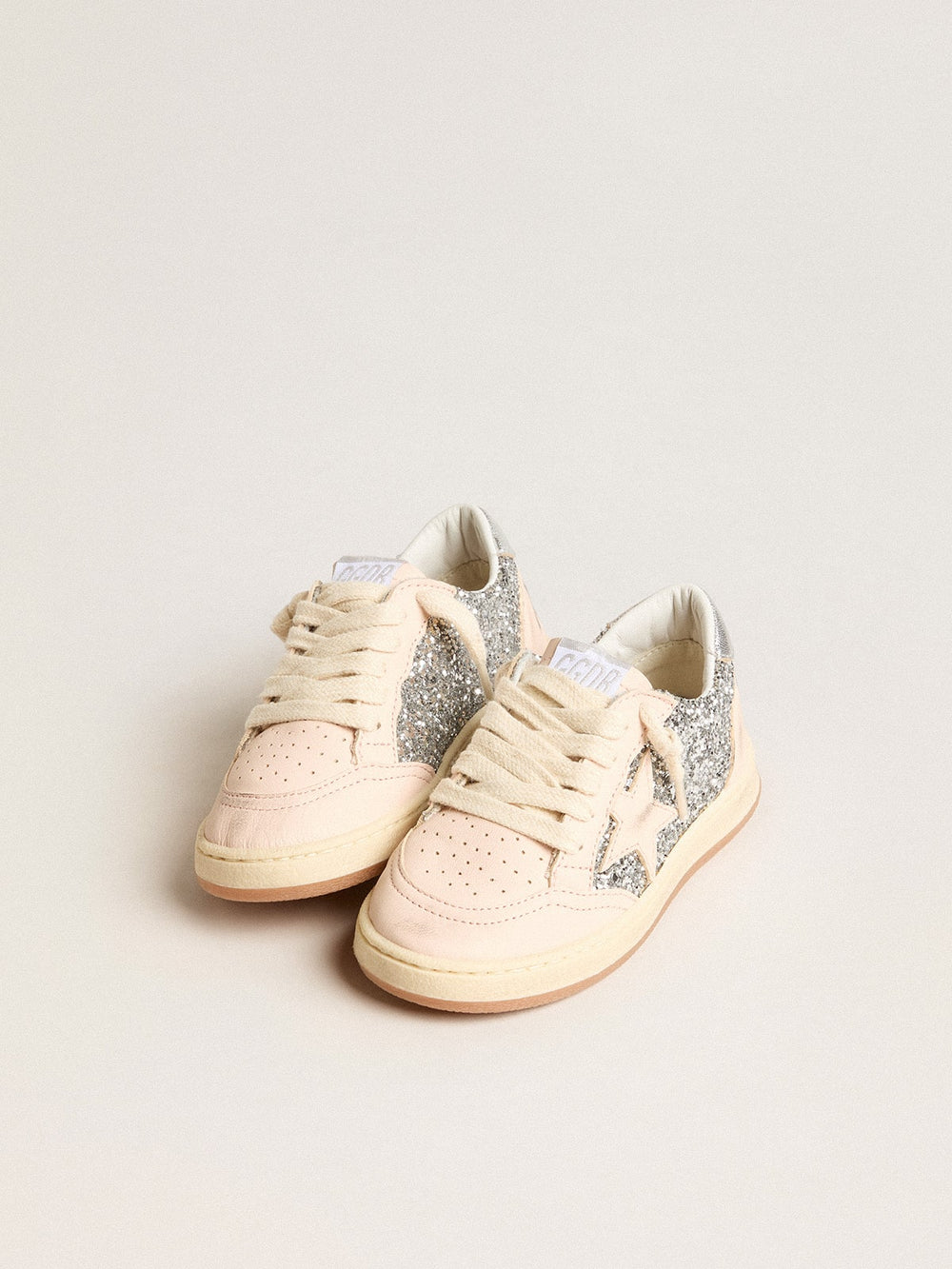 Golden Goose Young Ball Star in glitter with silver metallic leather heel tab