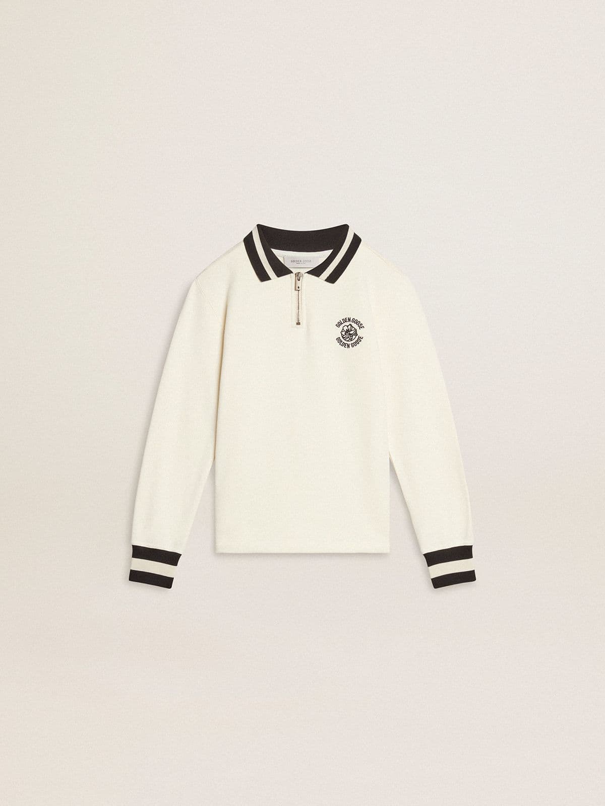Golden Goose Kids white cotton polo sweatshirt with embroidery on the chest and print on the back