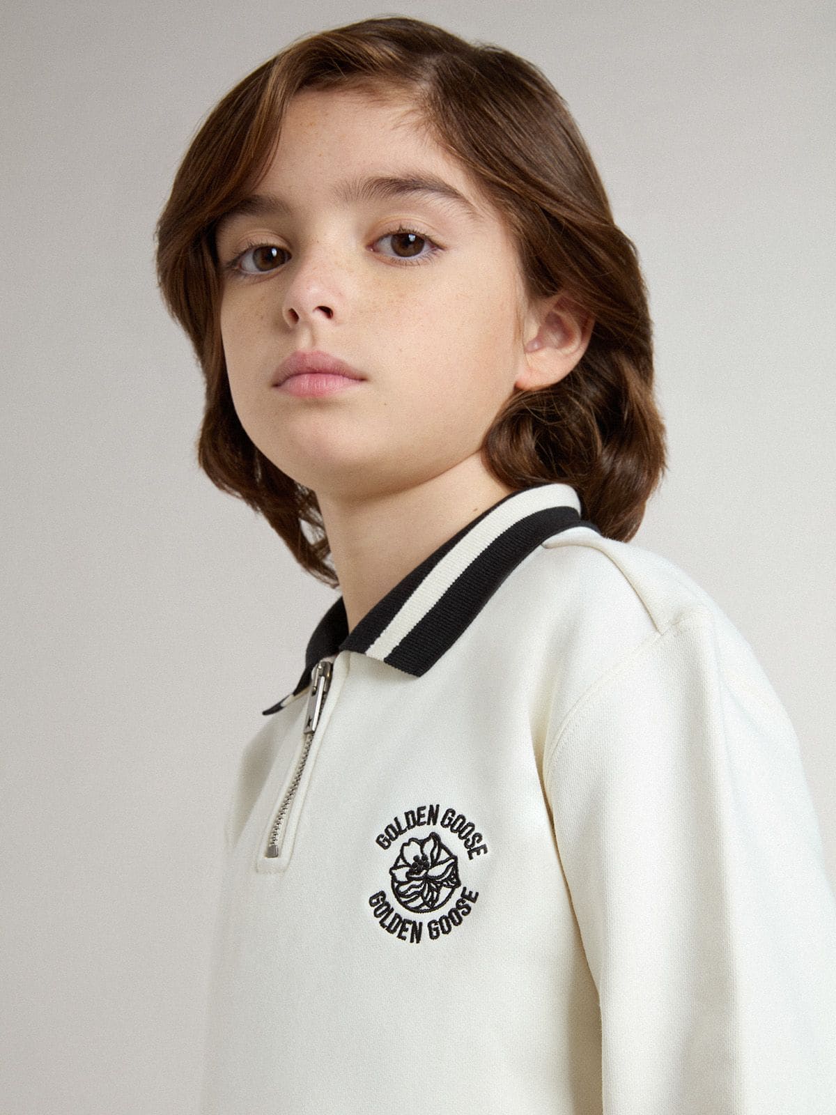 Golden Goose Kids white cotton polo sweatshirt with embroidery on the chest and print on the back