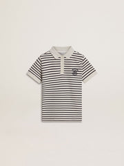 Golden Goose Boys' white cotton polo with navy blue stripes and embroidery
