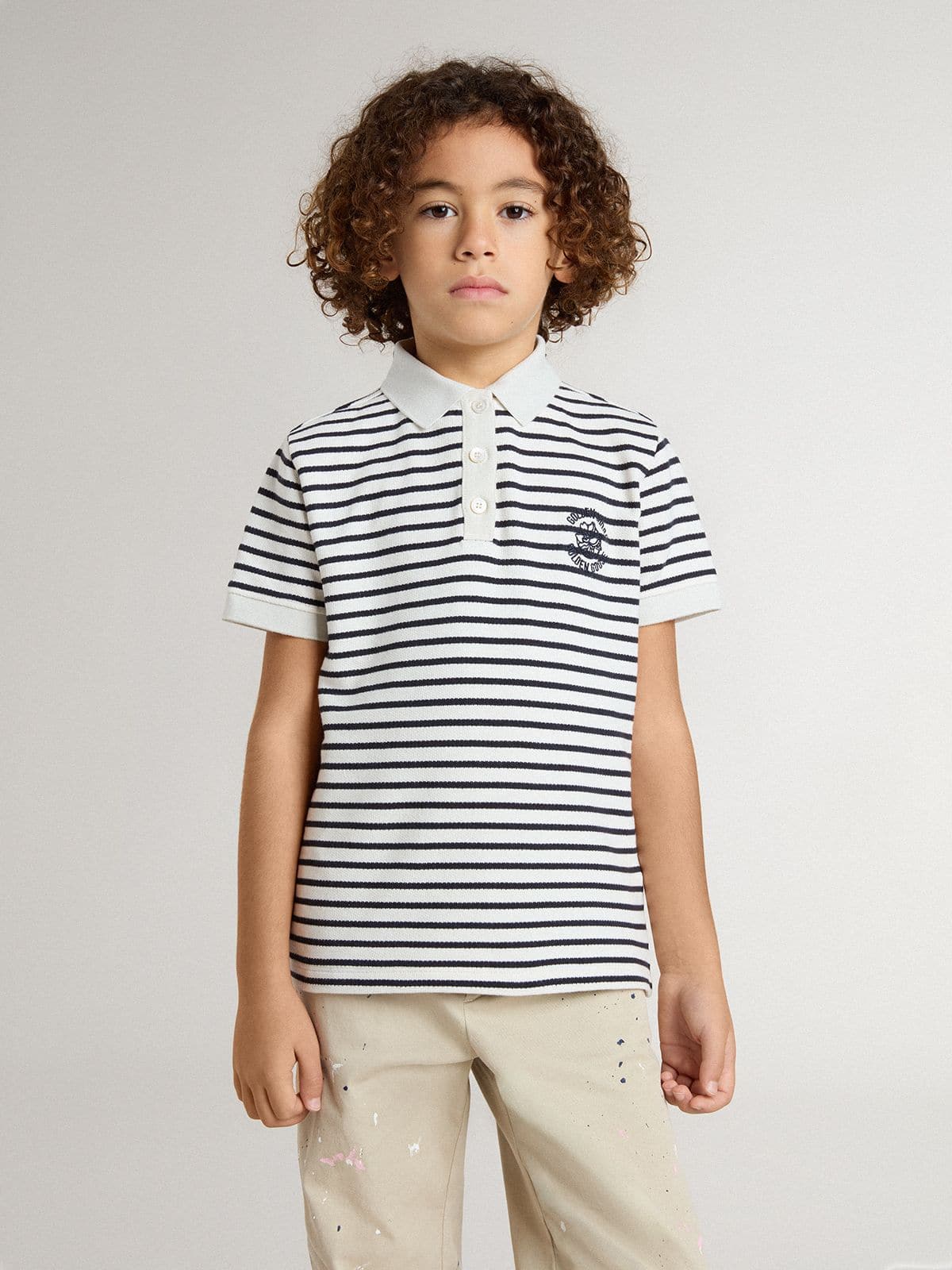 Golden Goose Boys' white cotton polo with navy blue stripes and embroidery