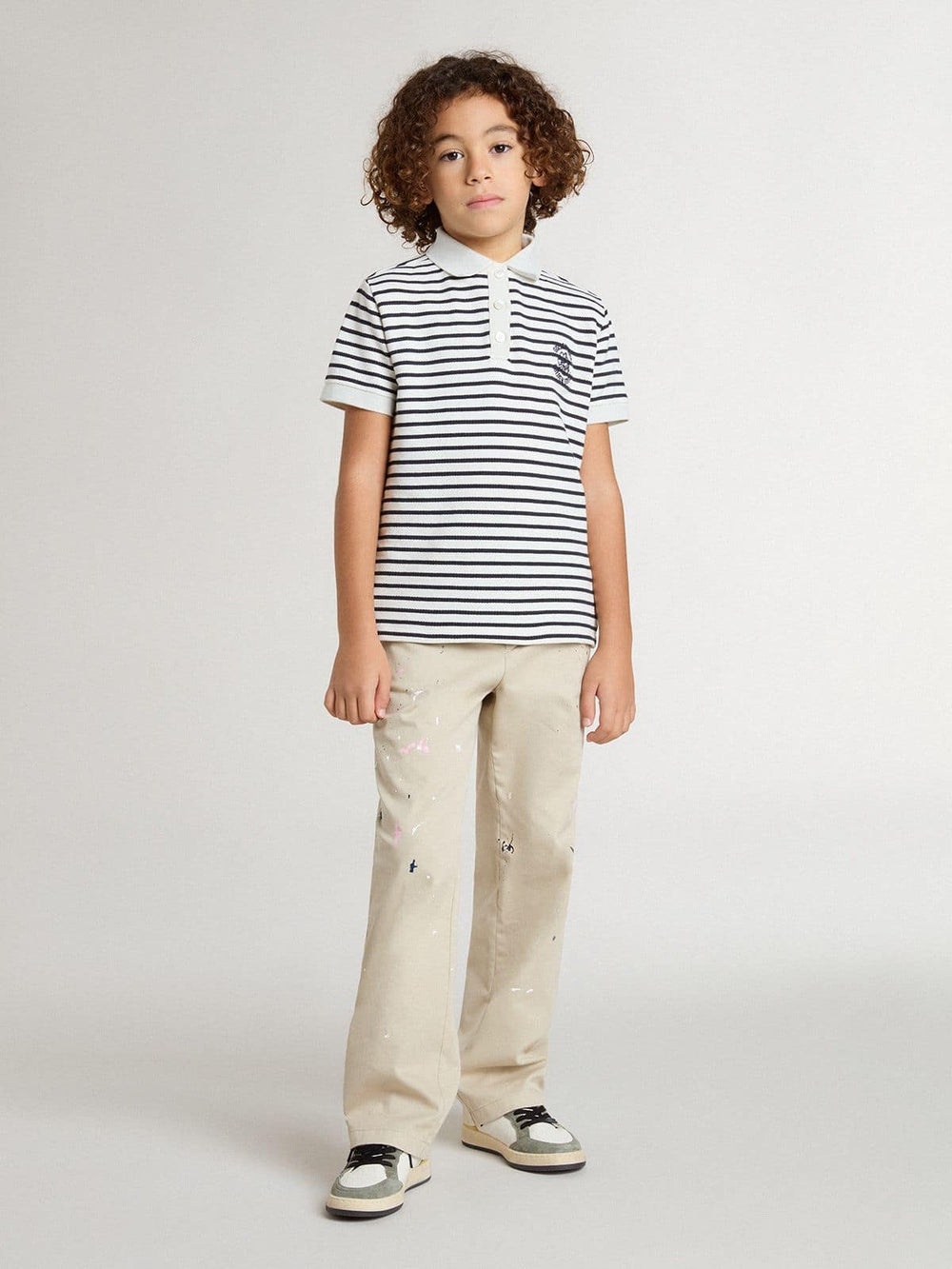 Golden Goose Boys' white cotton polo with navy blue stripes and embroidery