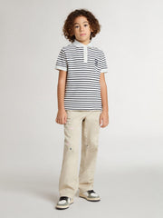 Golden Goose Boys' white cotton polo with navy blue stripes and embroidery