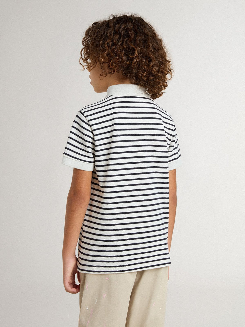 Golden Goose Boys' white cotton polo with navy blue stripes and embroidery