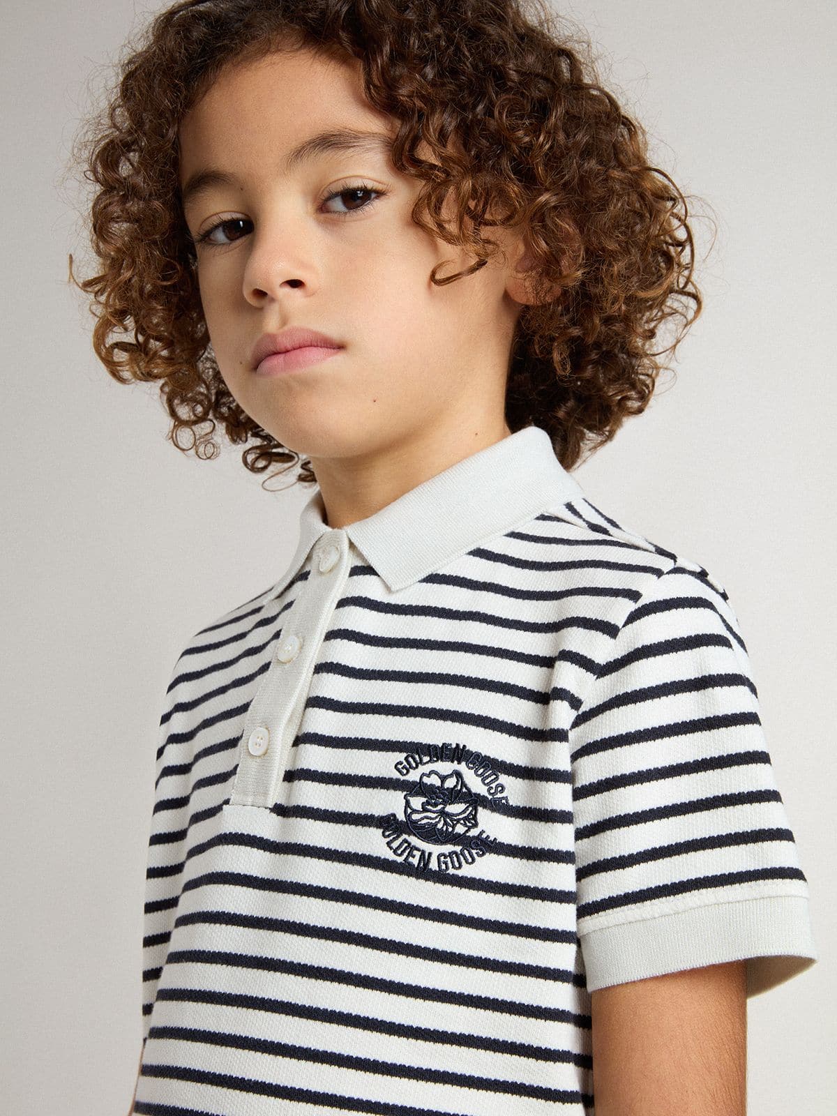 Golden Goose Boys' white cotton polo with navy blue stripes and embroidery