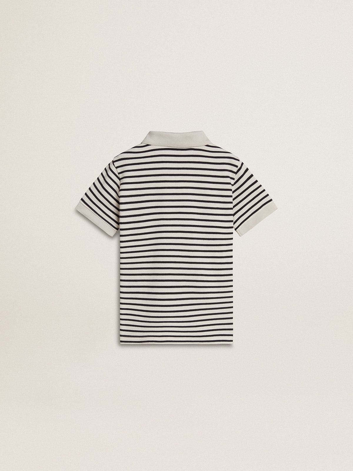 Golden Goose Boys' white cotton polo with navy blue stripes and embroidery