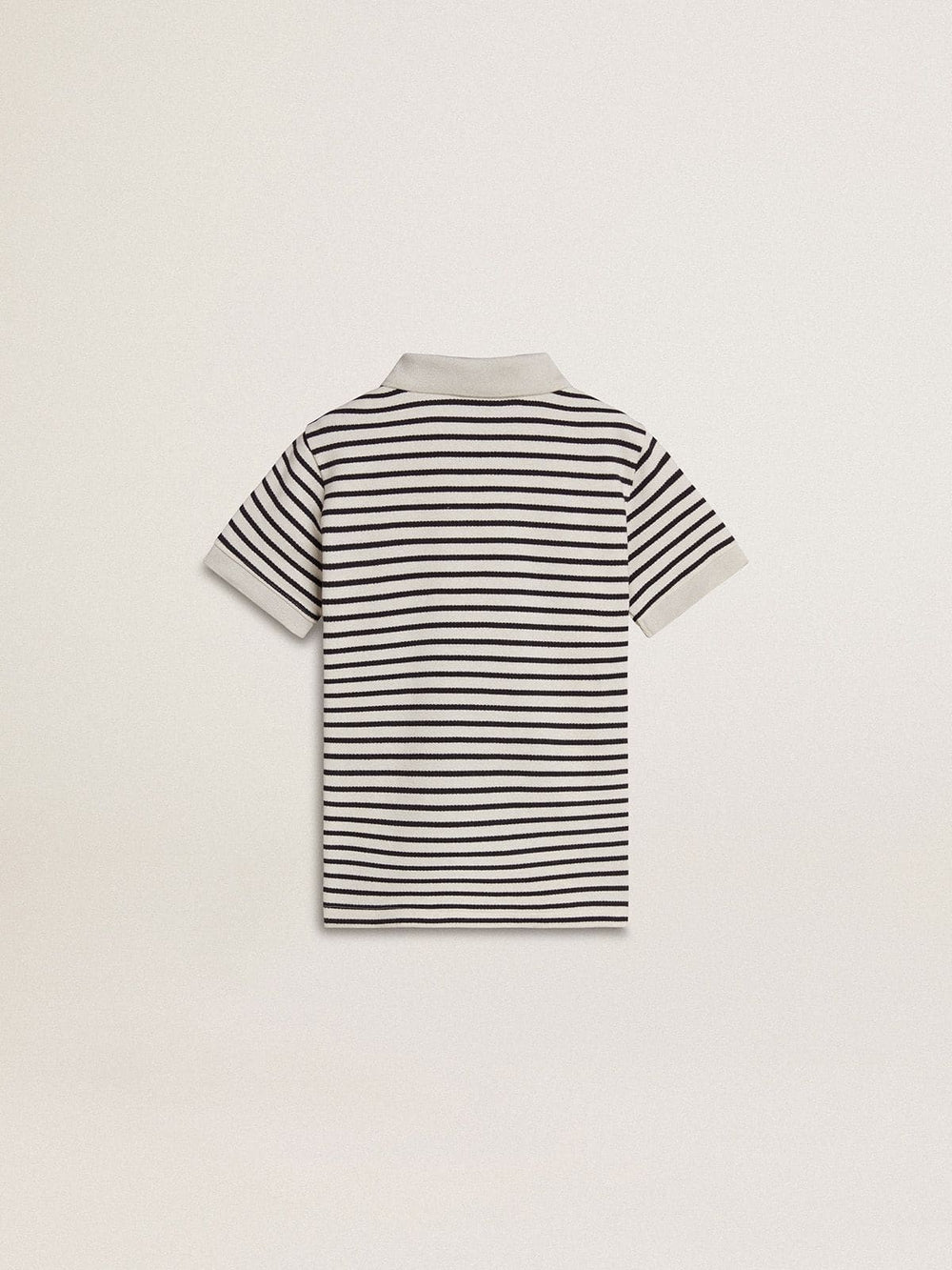 Golden Goose Boys' white cotton polo with navy blue stripes and embroidery