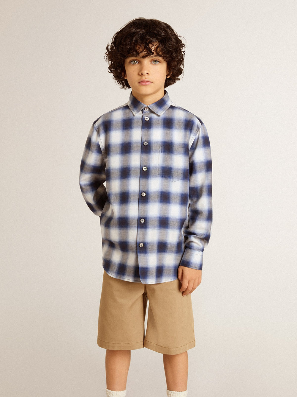 Golden Goose Boys' blue and white checked shirt with print on the back