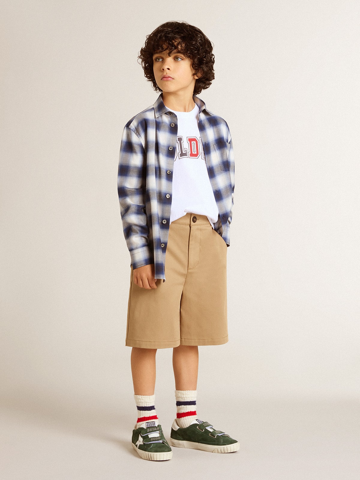 Golden Goose Boys' blue and white checked shirt with print on the back