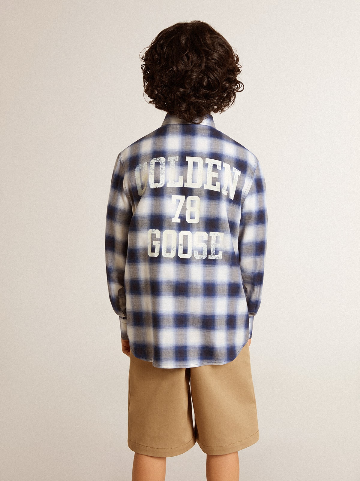 Golden Goose Boys' blue and white checked shirt with print on the back